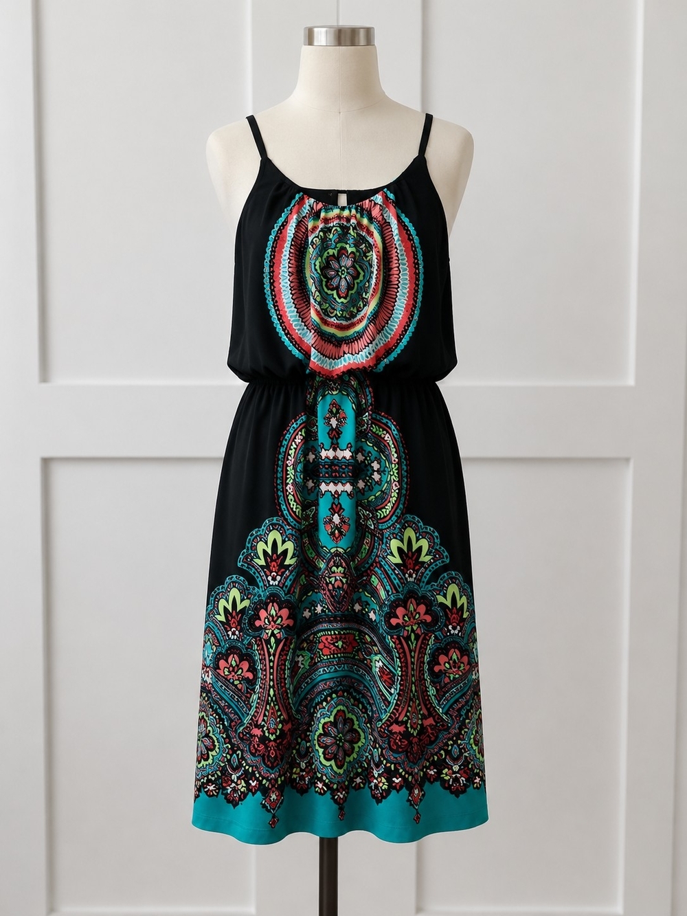 Studio Y Black Printed Spaghetti-Strap Dress with Teal & Coral Accents